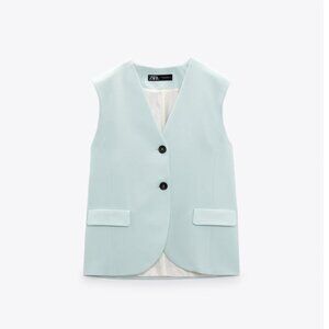 New XS relaxed ZARA Colarless V-neck Vest Flap Pocket Seafoam Green Button Lapel